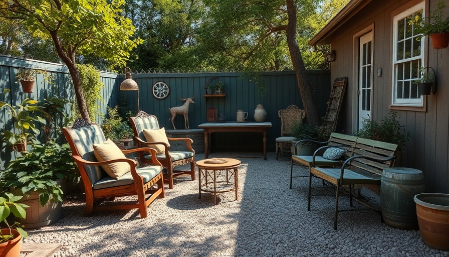 Charming vintage rustic garden with reclaimed materials and lush greenery.