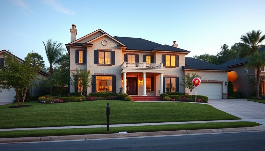 Eco-friendly luxury home in Kentucky with balloons and manicured lawn.