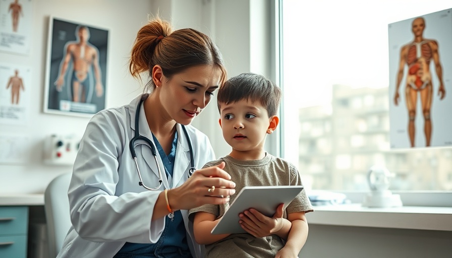 Doctor examining boy in clinic addresses global childhood obesity epidemic.