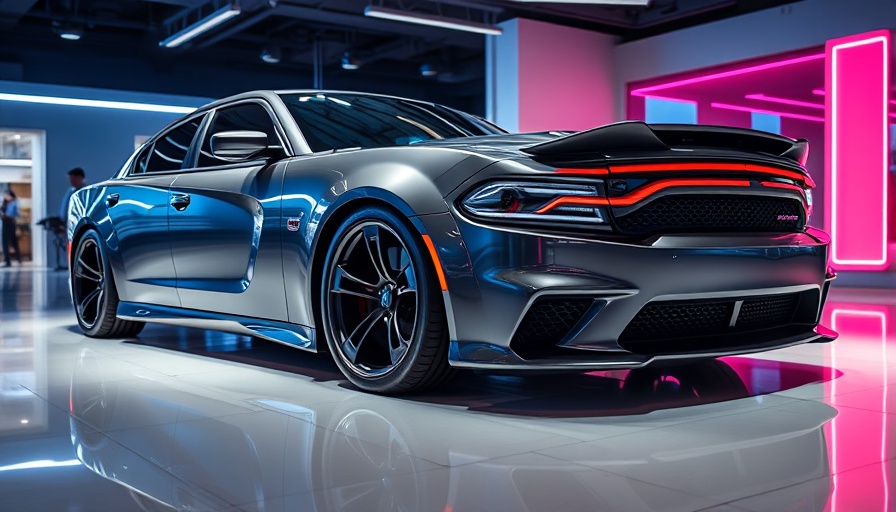 Turbo Dodge Charger concept car in modern showroom with neon lights.