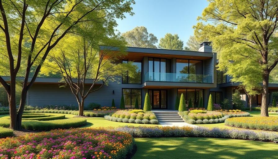 Sustainable luxury home design in a landscaped garden with trees.