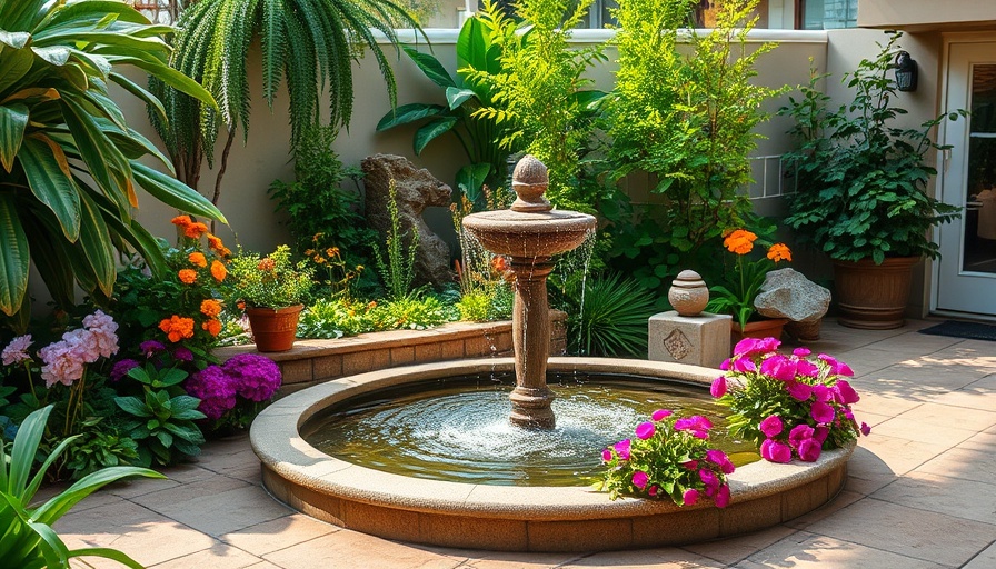 Charming garden patio with water fountain ideas