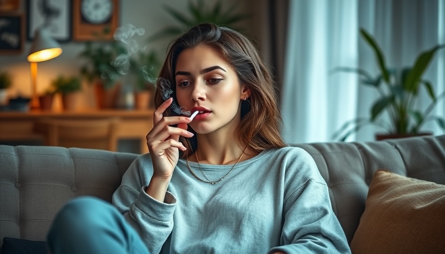 Young woman smoking cannabis in cozy living room, diabetes risk concept.