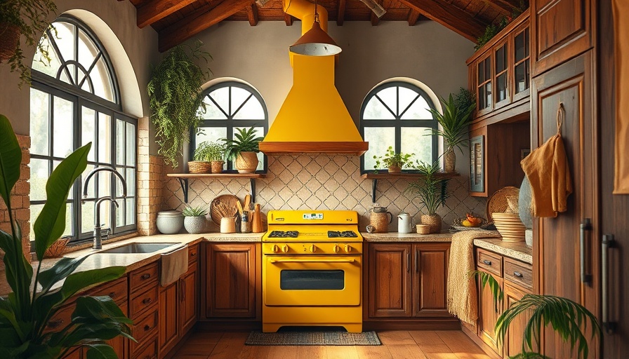 Bright kitchen with yellow stove and tropical decor - Early Amazon Prime Day Home Deals.