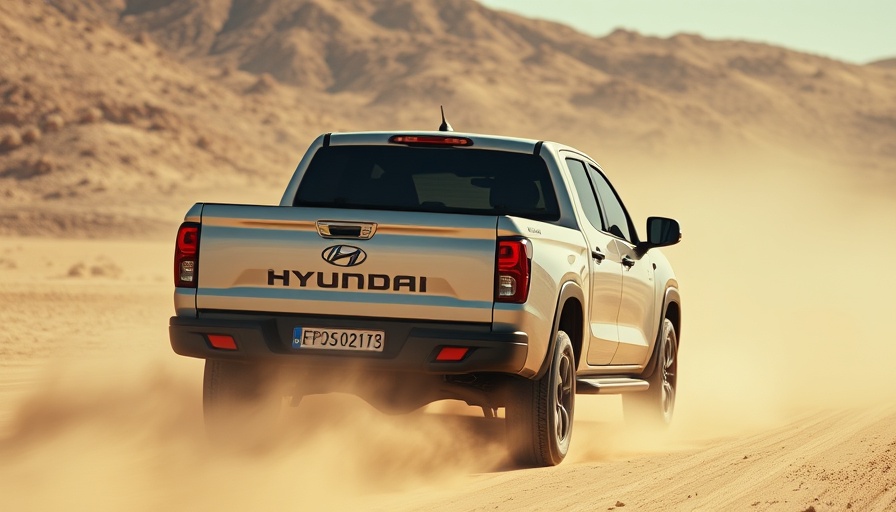 Body-on-frame Hyundai truck driving on desert trail.