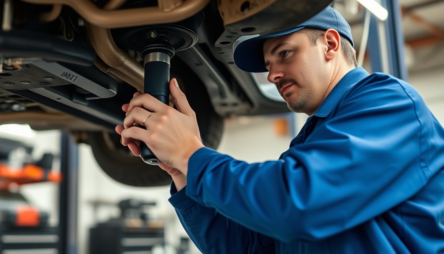 Mechanic working on vehicle suspension system in a workshop.