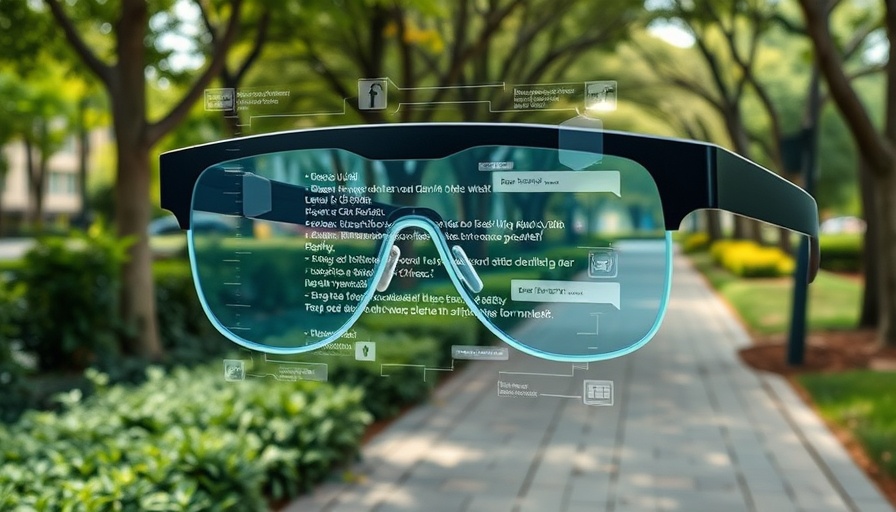 Smart glasses interface with messages in a park setting for sustainable living.
