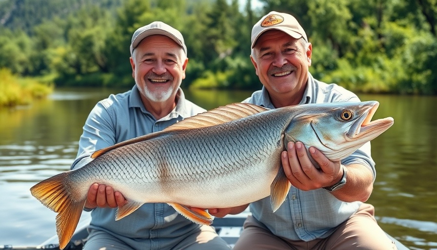 Men holding garfish on boat in sunny river