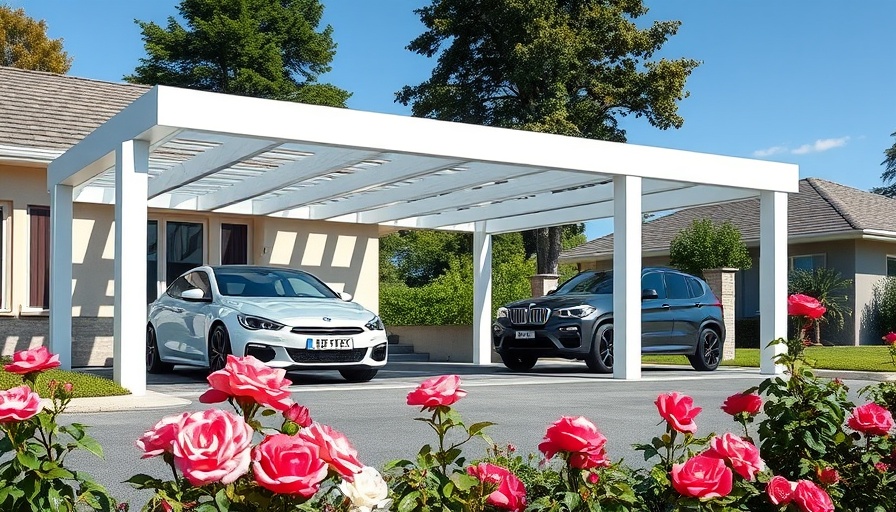 Modern carport design with white pergola shelter and garden.