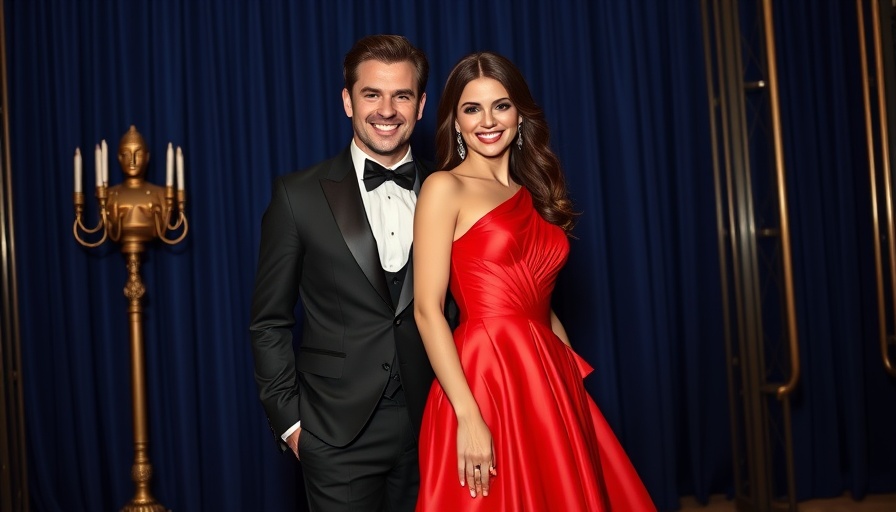 Elegant couple at a glamorous event, woman in a red dress, man in black suit.