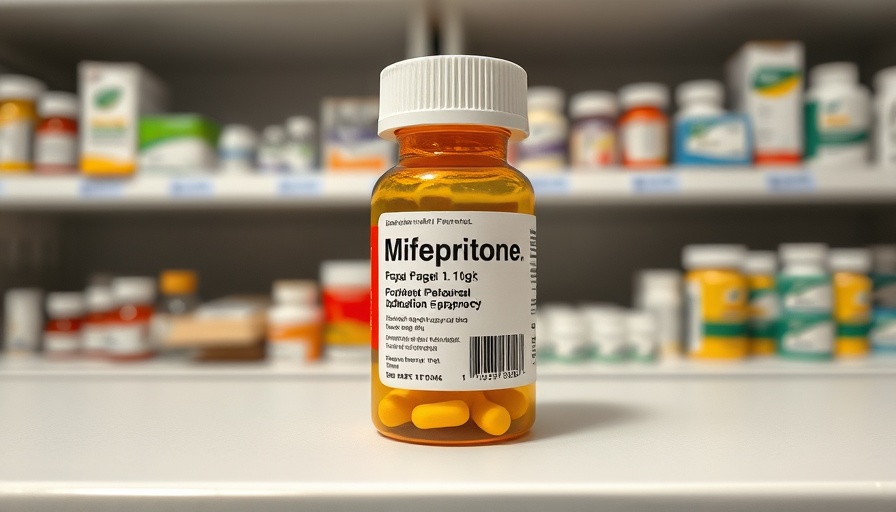Mifepristone pill bottle on pharmacy shelf in high detail.