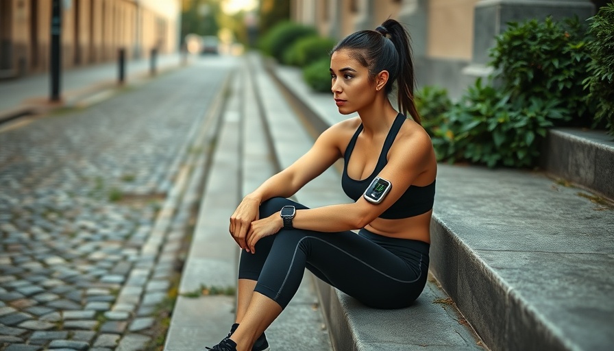 Woman with diabetes monitor resting on steps discussing type 5 diabetes.