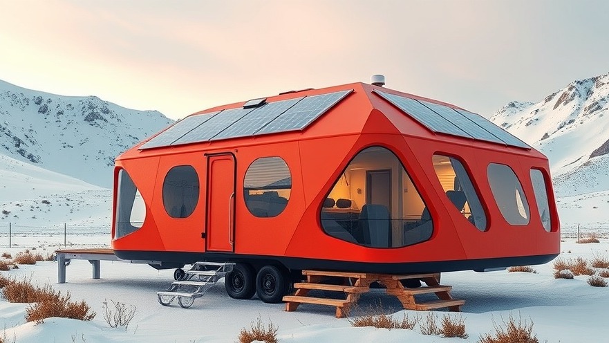 Photorealistic eco-friendly tiny home with solar panels in a snowy mountain setting.