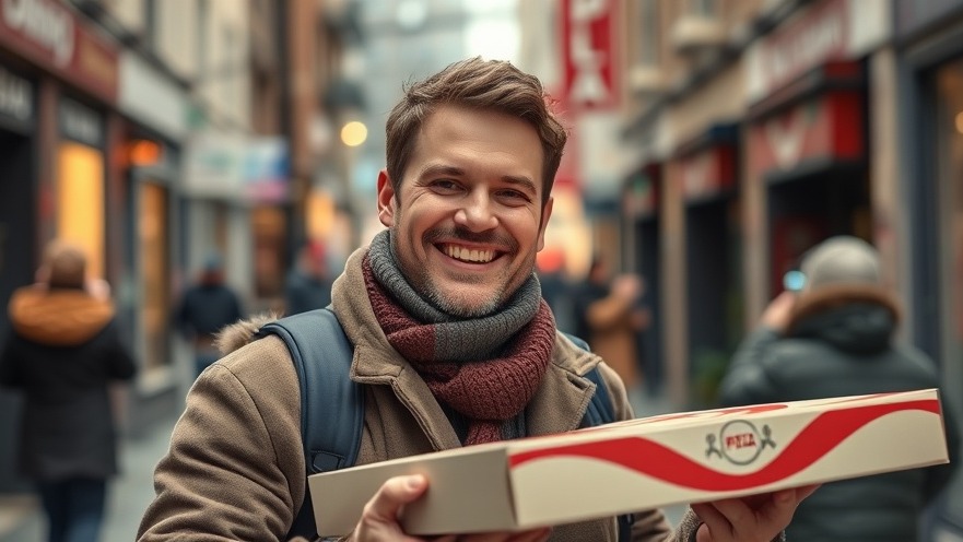 Smiling man with pizza in NYC, showcasing luxury apartments and celebrity real estate trends.