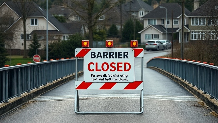 Barrier sign on closed bridge indicating infrastructure repairs in Terrebonne Parish emergency.