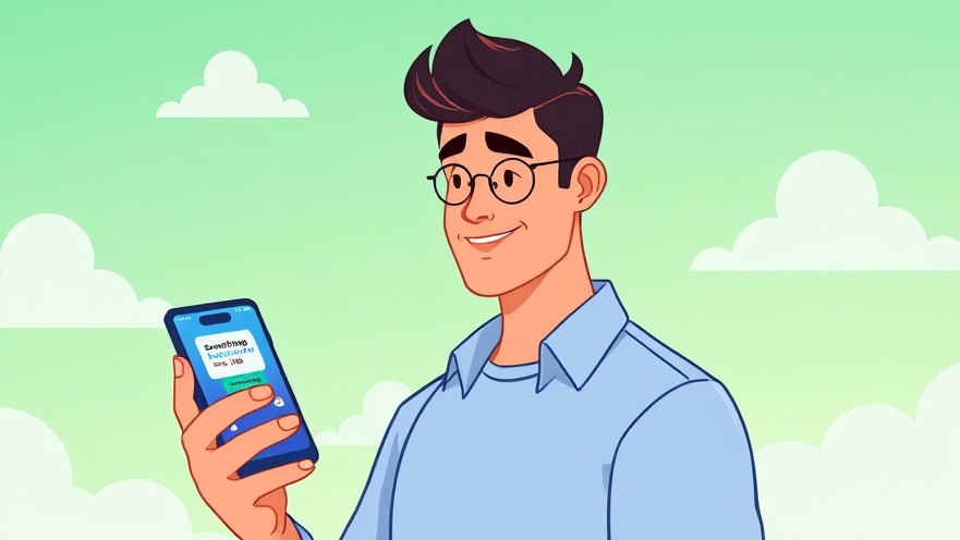 Cartoon figure using smartphone with SmartThings energy rewards, showcasing smart home technology.