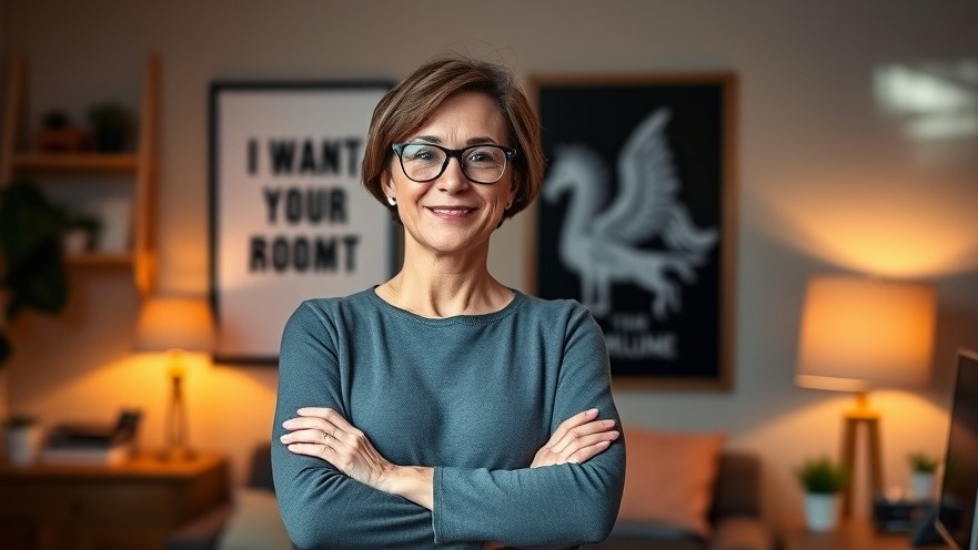 Confident woman in modern office promoting financial gratitude and mindful spending.