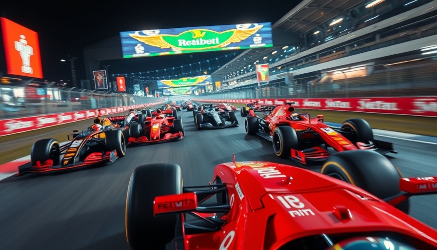 Intense Formula One race with multiple cars on a racetrack turn.