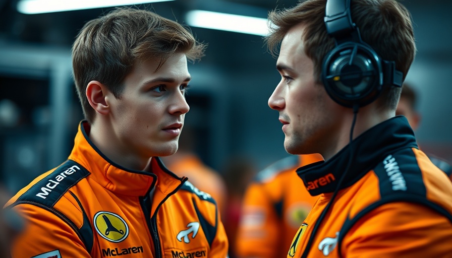 McLaren Formula One drivers in team discussion, vibrant attire.