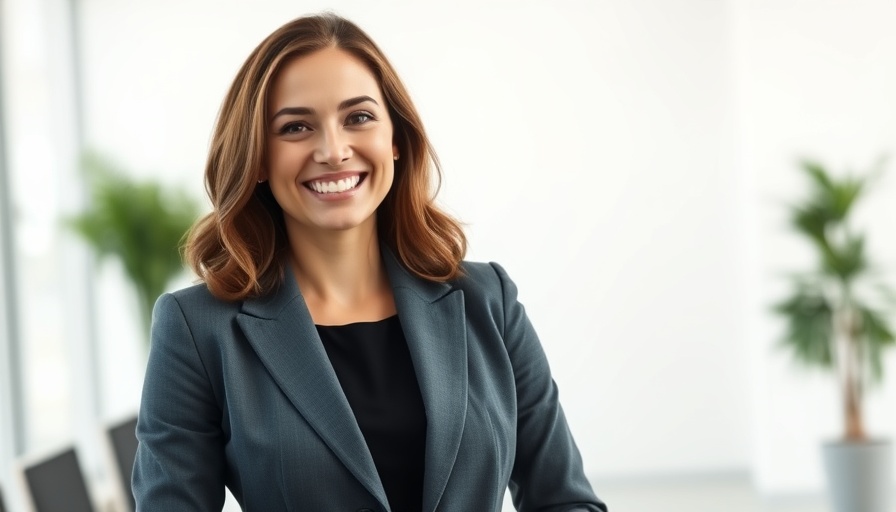 Professional woman smiling confidently in a business setting.