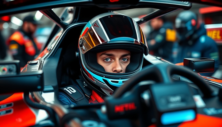 Formula One driver preparing in cockpit, vibrant pit stop.