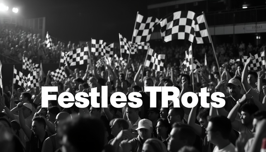 Dynamic Formula One crowd with checkered flags and logo.