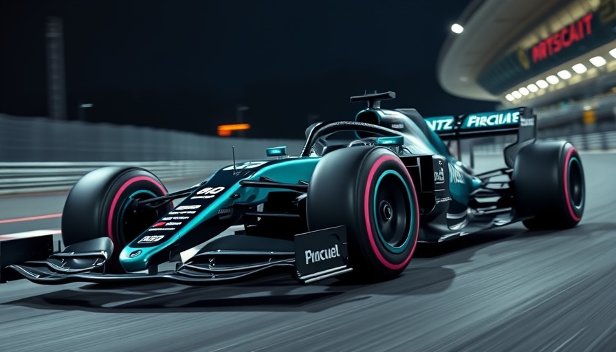 Dynamic Formula 1 Mercedes car racing on a track at night.