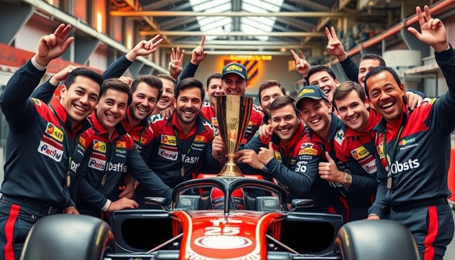 Formula 1 team celebrates in Singapore with trophy indoors.