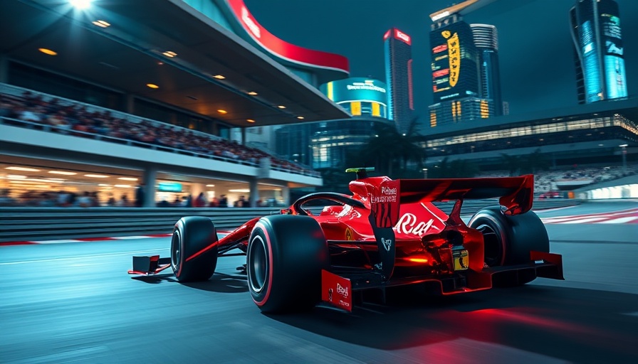 Ferrari struggles at night Singapore Grand Prix with city backdrop.