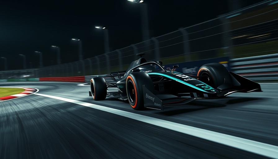High-speed Formula One car racing with dynamic cornering.