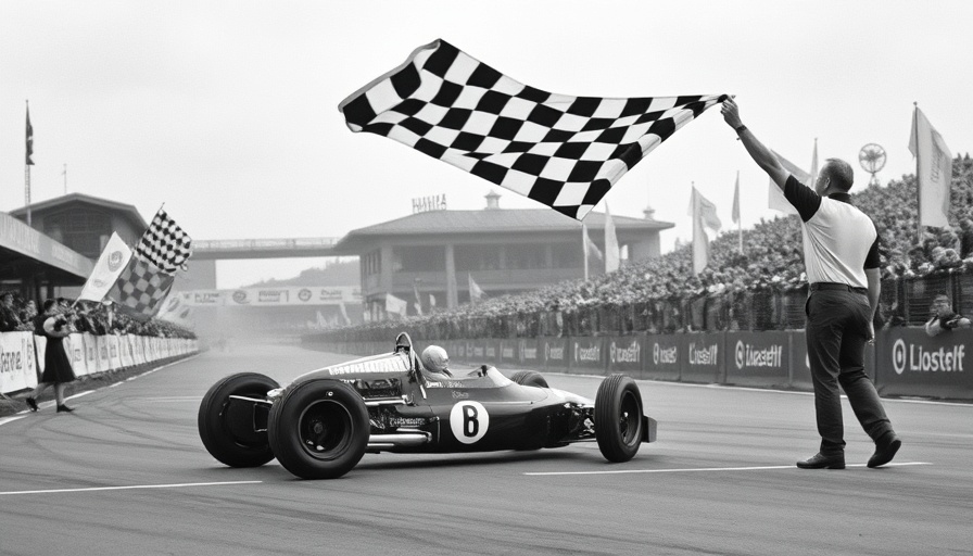 America's Formula 1 winner crossing finish line with flagman.