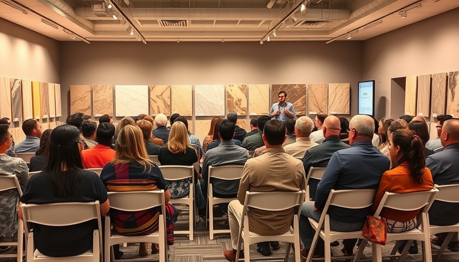 Presentation on natural stone vs. engineered stone in a showroom setting.