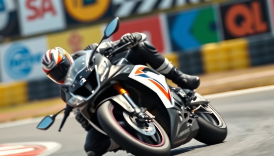 Dynamic motorcycle racer in action on race track.