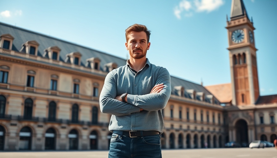 Man standing confidently in front of historic building, jobsite security technology backdrop.