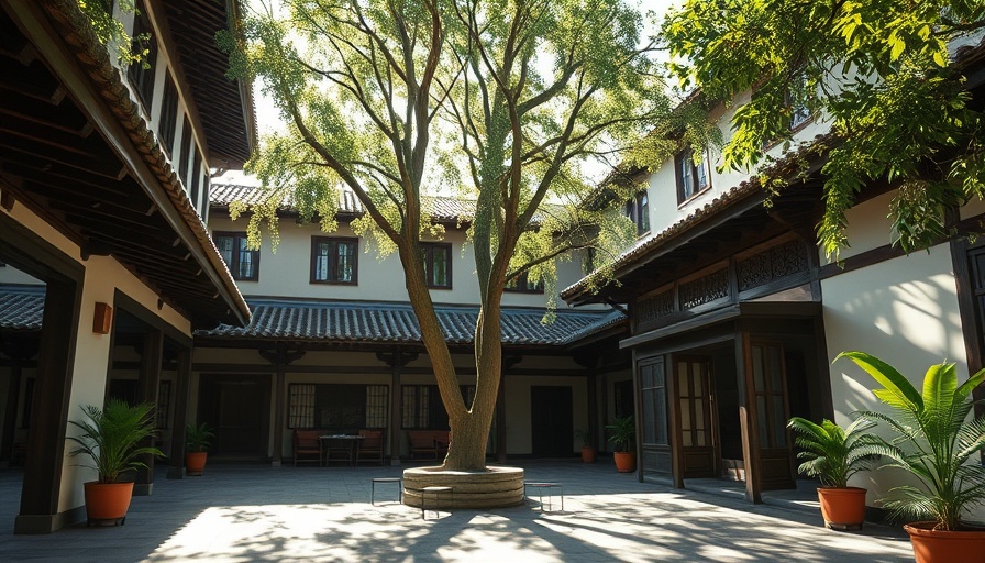 Charming architectural courtyard with trees and seating, Lina Ghotmeh architecture