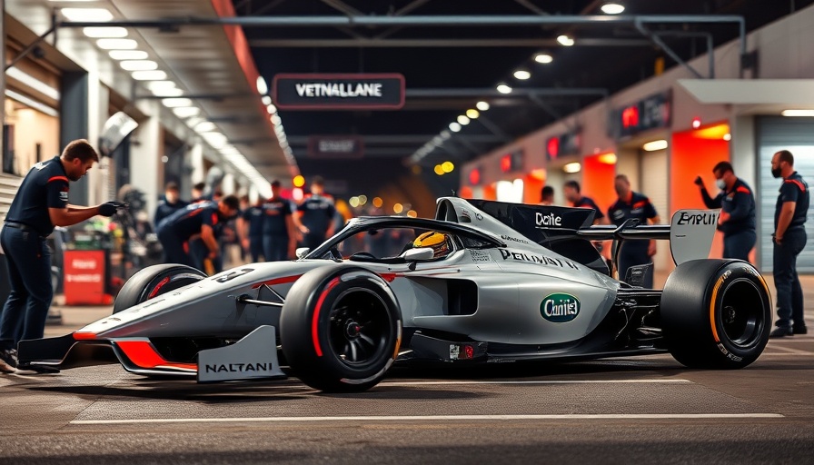Formula one race car in pit stop during nighttime.