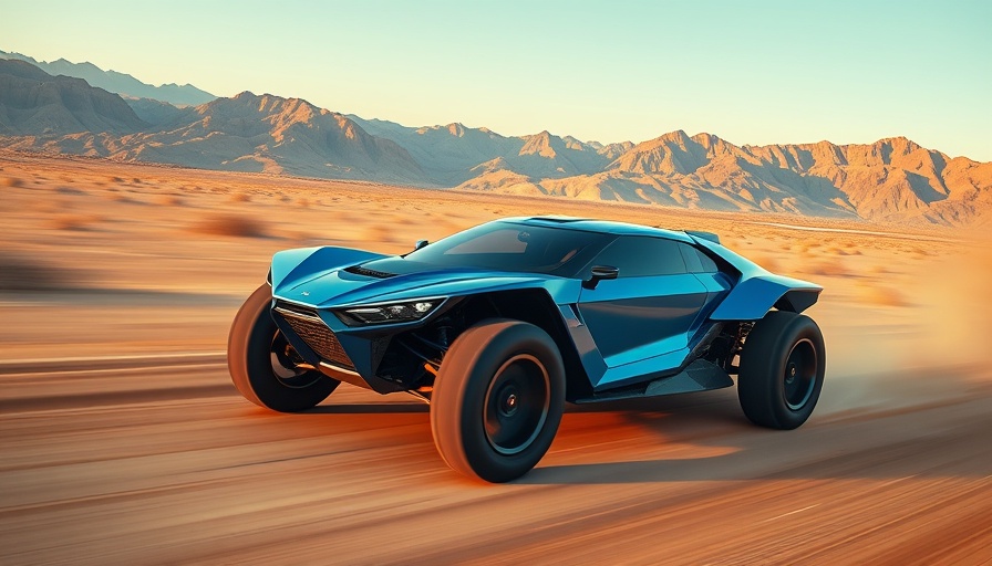 Hydrogen-powered motorsport car racing in desert landscape.