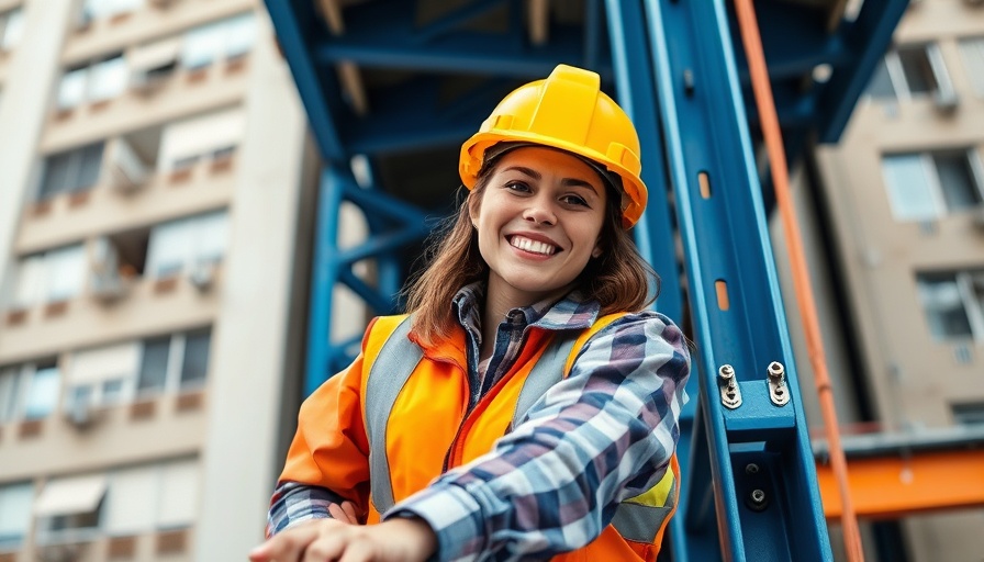 Female tradeswoman climbing structure in a construction site.