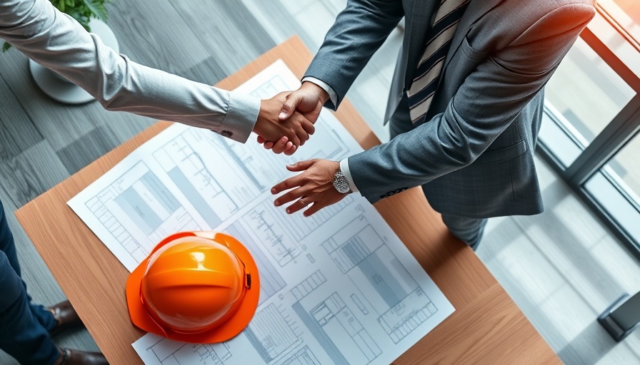 Construction hiring integration handshake with plans and helmet.