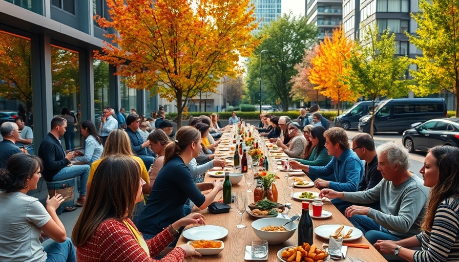 Community enjoying food at communal dining table in urban setting.