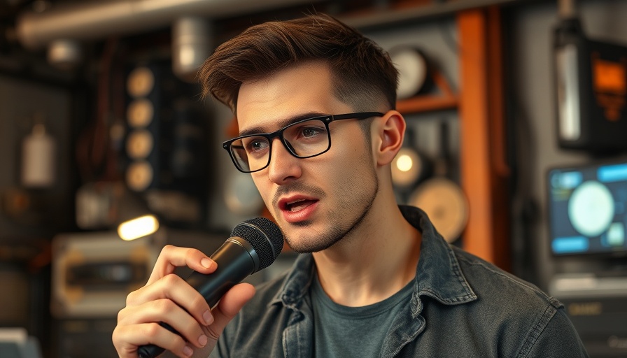 Casual scene of a man speaking with a microphone, reflecting F1 racing culture.