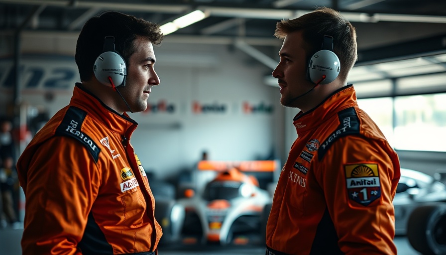 Race car drivers in orange suits discuss in garage, McLaren crash prediction