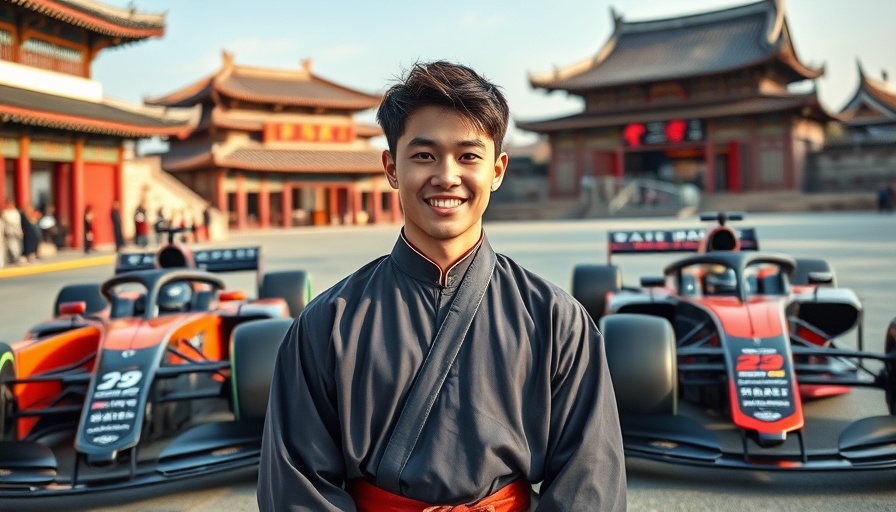 F1 racing cultural fusion with F1 cars and traditional Korean attire.