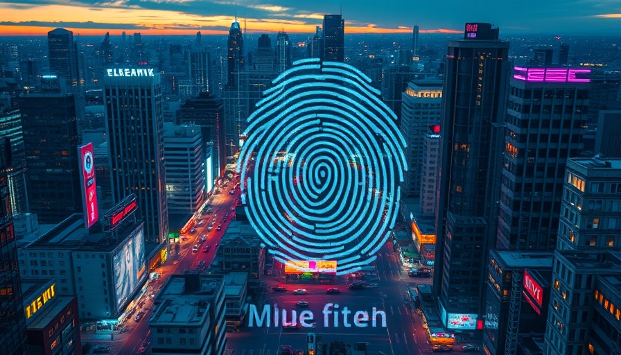 Futuristic digital fingerprint over a cityscape at dusk with neon elements.