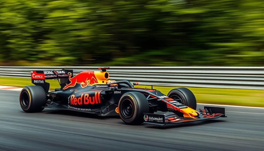 Red Bull F1 car on track, conveying speed in engine development.
