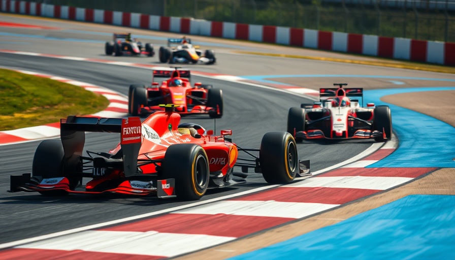 Formula One cars racing on a curvy track with colorful curbs