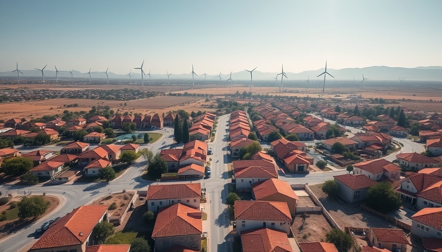 Aerial view of Clara Campoamor Square surrounded by houses and wind turbines.