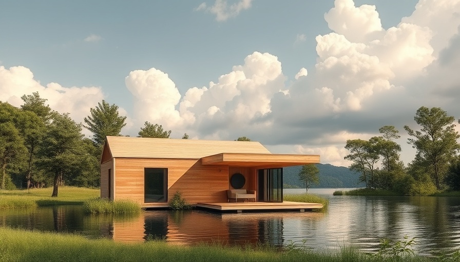 Modern sustainable lake house design with wooden facade.