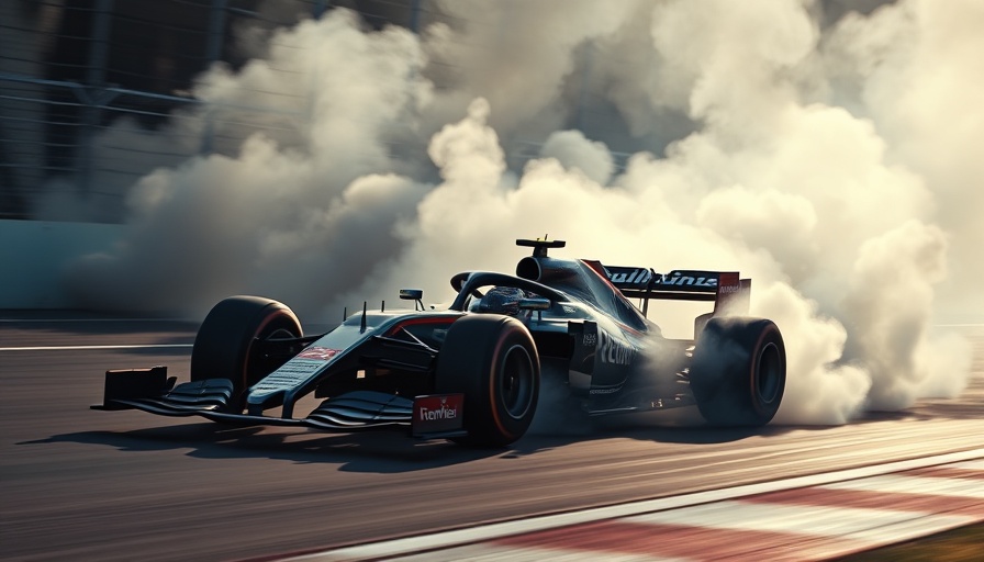 F1 car doing donuts with swirling smoke on a racetrack.