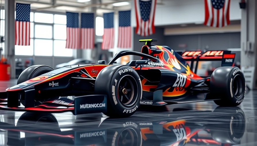 Sleek Formula One car with vibrant graphics in an American garage, photorealistic.